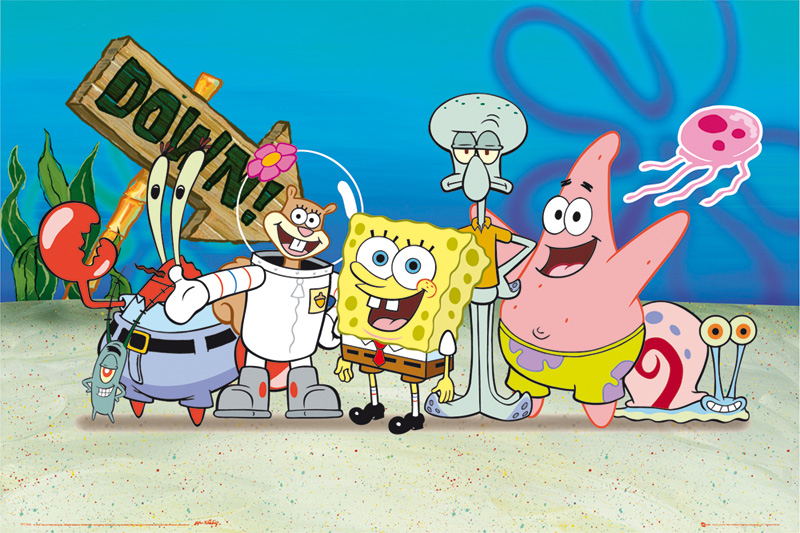 (from left to right) Plankton, Mr. Krabs, Sandy Cheeks, Spongebob Squarepants, Squidward Tentacles, Patrick Star, and Gary the Snail 